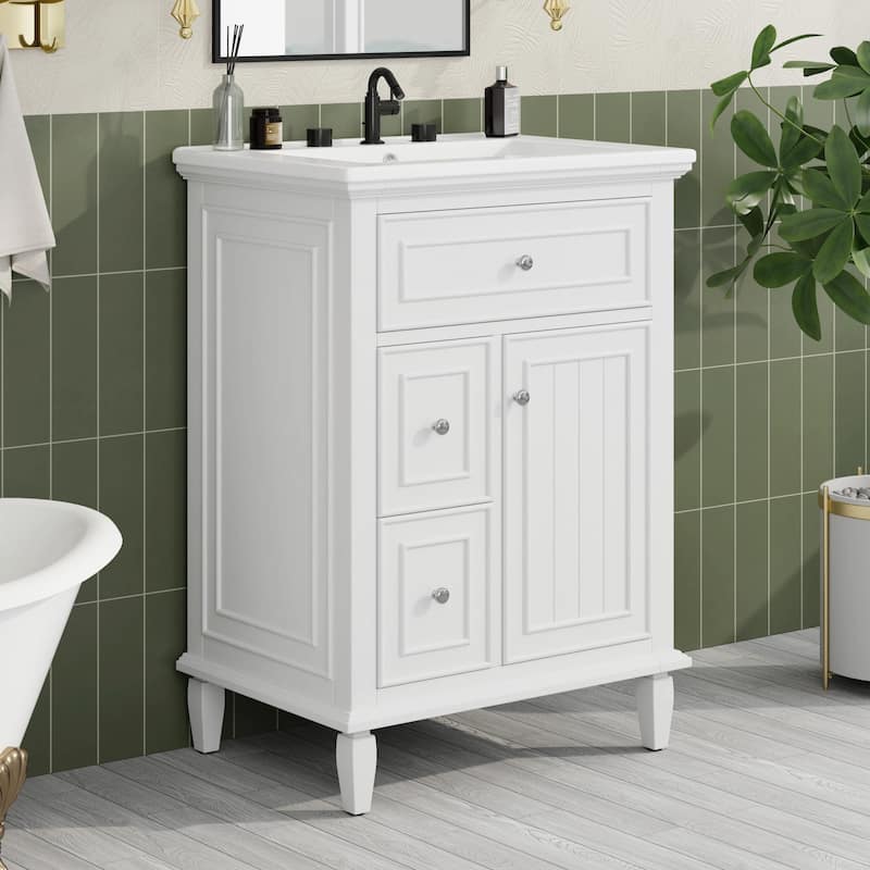 24" Bathroom Vanity with Sink, Bathroom Vanity Cabinet with One Flip Drawer and Two Drawers, Adjustable Shelf - White