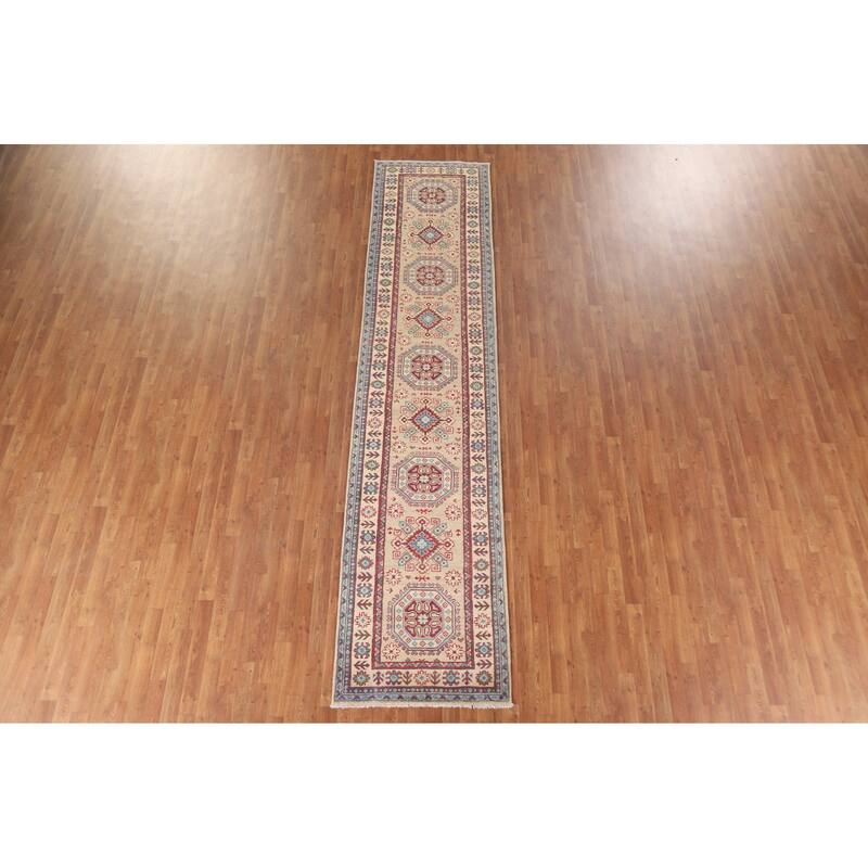 Hand Knotted Oriental 100% Wool Carpet Traditional Geometric Beige & Ivories Kazak Runner Rug - 12' 8'' X 2' 10''