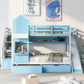 Full-Over-Full Castle Style Bunk Bed with 2 Drawers 3 Shelves