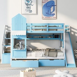 Impression & Castle Style Full over Full Bunk Bed with 2 Drawers 3 Shelves and Slide, Sturdy construction & Extra Fun, Blue