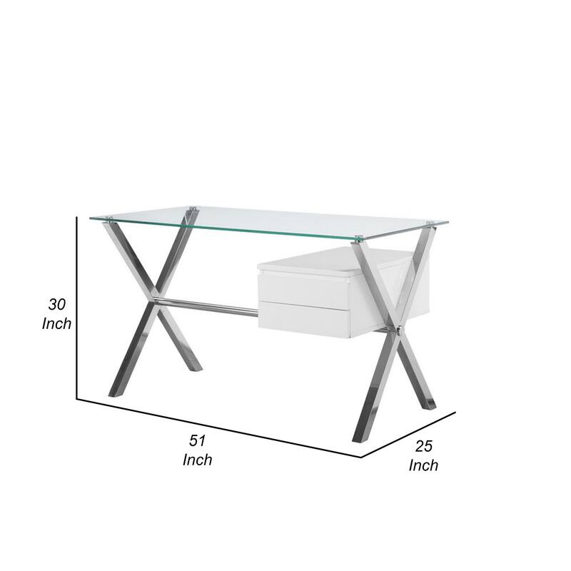 Tia 51 Inch Small Office Desk, Glass Tempered Top, 2 Drawers, White Finish