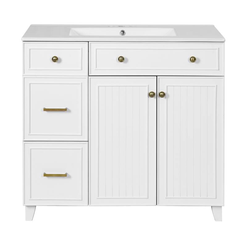 Modern Bathroom Vanity and Ceramic Sink Combo Set, 36" Bathroom Vanity Cabinet with Double-Layer Drawers & Adjustable Shelves