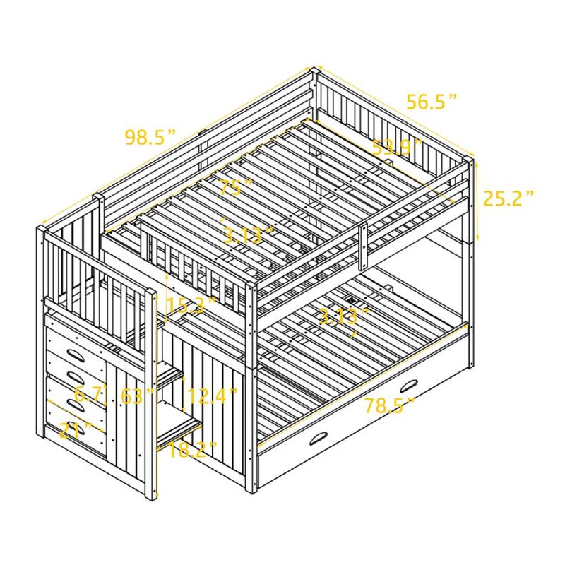 Full Over Full Bunk Bed with Twin Trundle & 4 Drawer, Space Saving Wood Bunkbed Frame w/Storage Staircase & Safety Guardrail