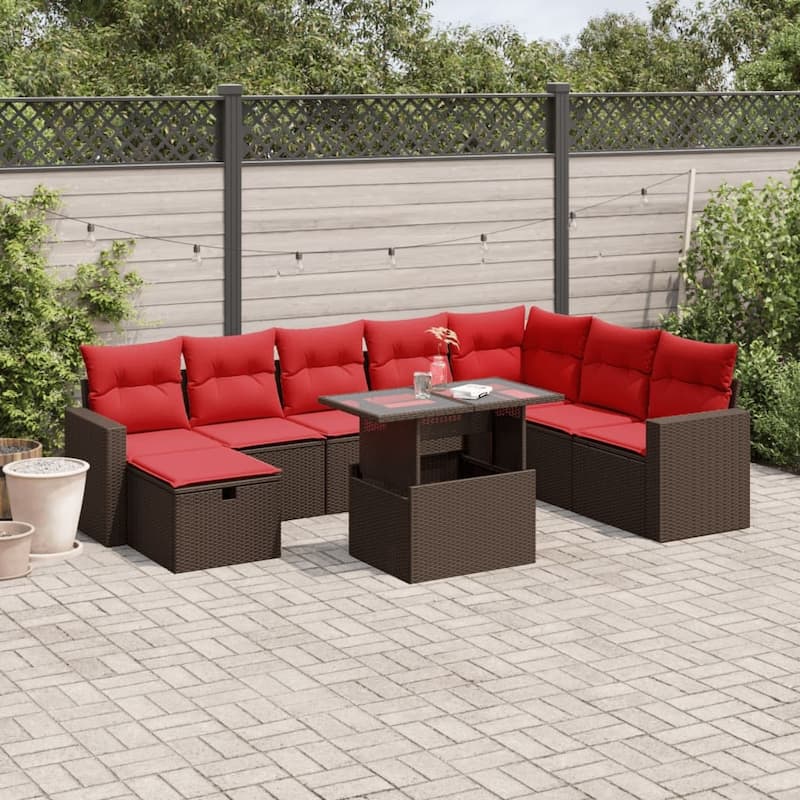 vidaXL Patio Sofa Set with Cushions and Table Outdoor Garden 9 Piece Poly Rattan - 24.4" x 24.4" x 27.2" - Brown