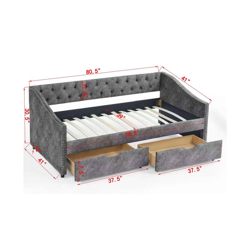 Roomfitters Twin/Full/Queen Upholstered Daybed with Tufted Backrest, Nailhead Trim and Underbed Storage Trundle, Grey