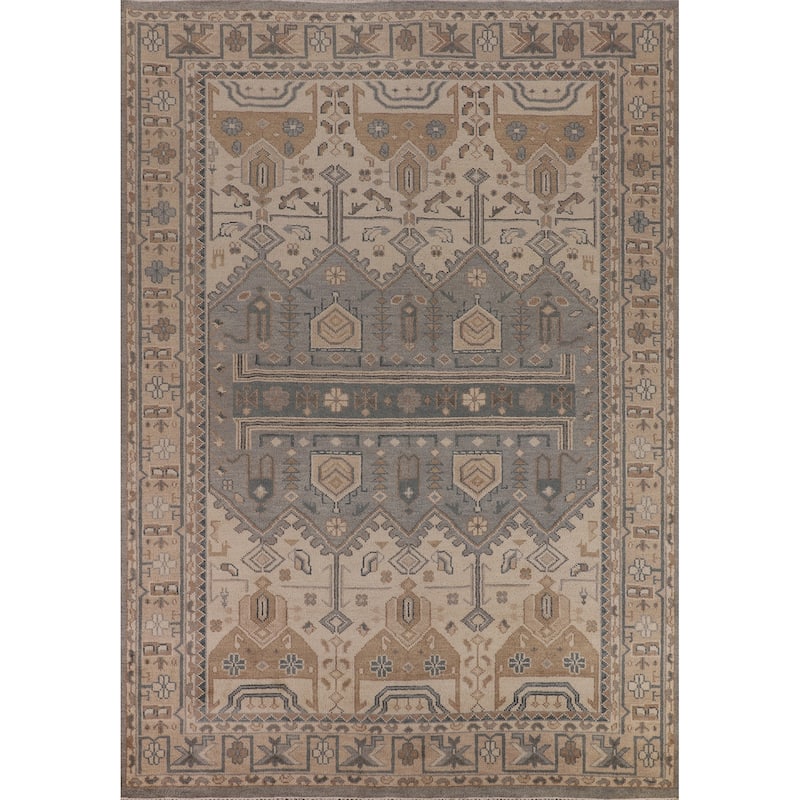 Geometric Khotan Indian Area Rug Hand-Knotted Beige Wool Carpet - 8'10" x 11'10"