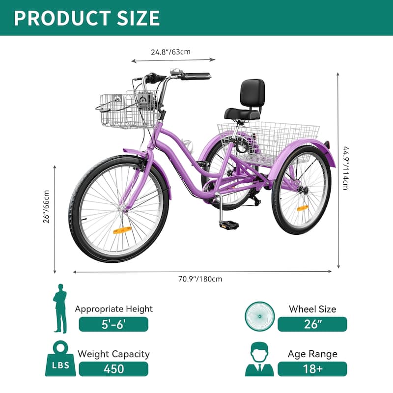 Moasis 26" Adult Tricycle 3 Wheel Bikes 7 Speed Trike Low Step Through Cruiser Bike