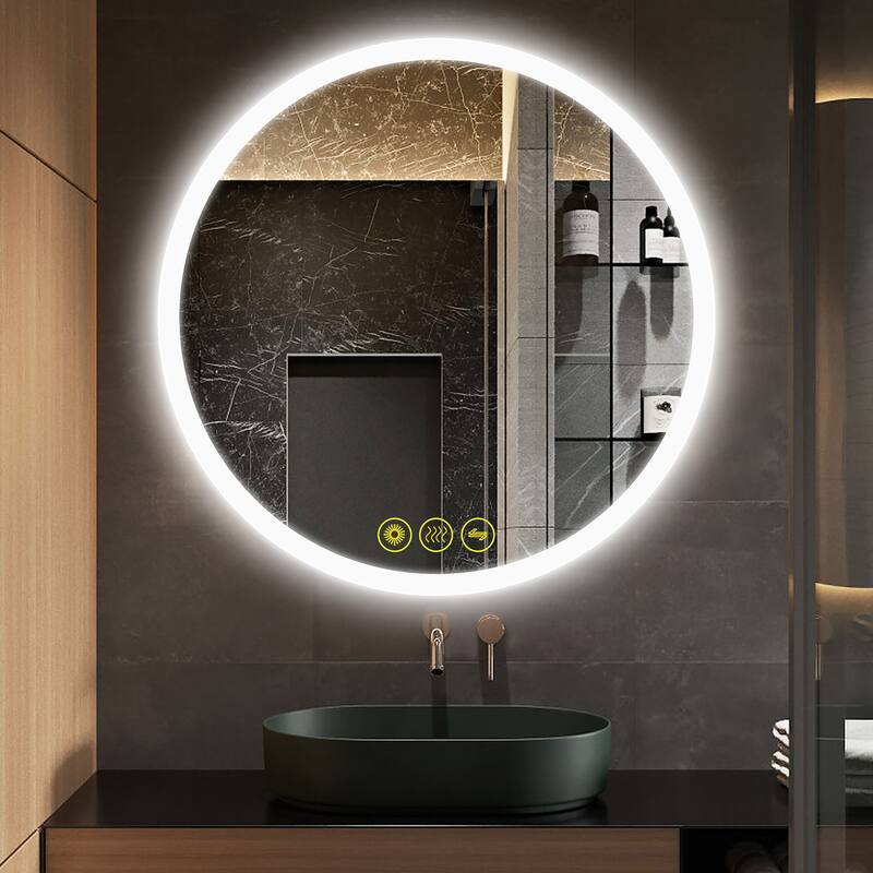 SmartReflect Modern 32" Round LED Dimmable Anti-Fog Frameless Bathroom Vanity Mirror - Clear