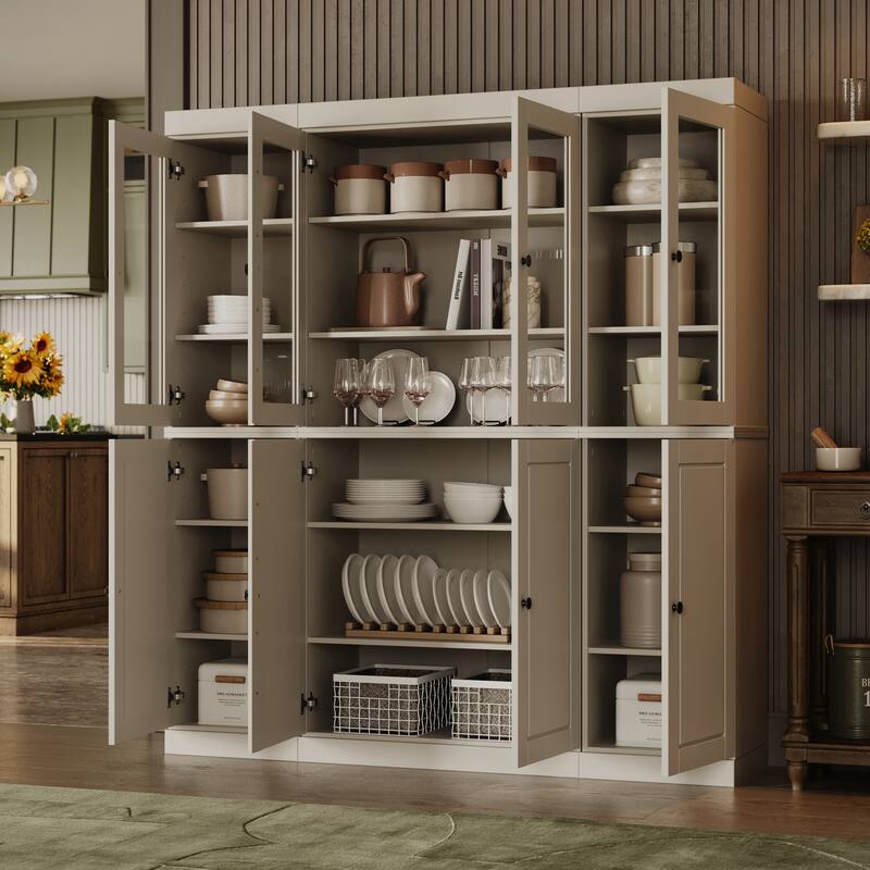 100% Solid Wood Tall Kitchen Pantry Cabinet with Glass Doors, Adjustable Shelves, Modular Storage, 65" W x 71.5" H - 65" x 71.5"
