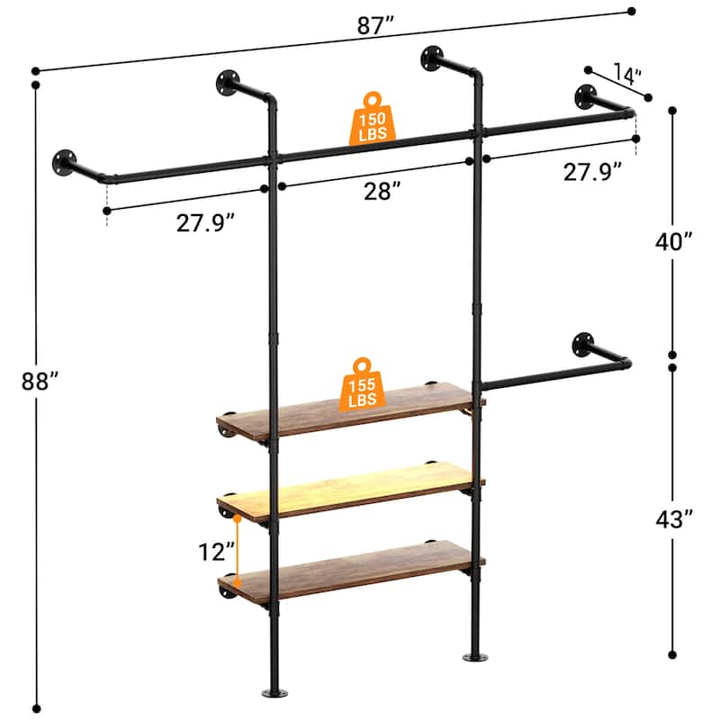 87"W Industrial Pipe Clothing Racks with LED Lights & Open Shelves,Reversible Walk-in Closet Oraganizer System Garment Racks