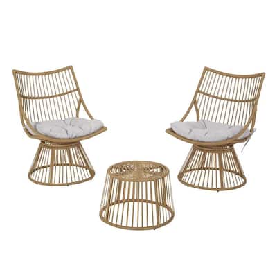 Roomfitters 3 Pcs Outdoor Patio Set, Wicker Lounge Chairs with Cushions and Round Side Table, Natural