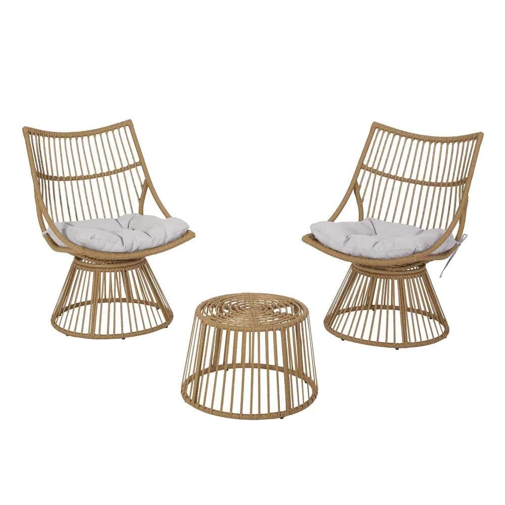 Roomfitters 3 Pcs Outdoor Patio Set, Wicker Lounge Chairs with Cushions and Round Side Table, Natural