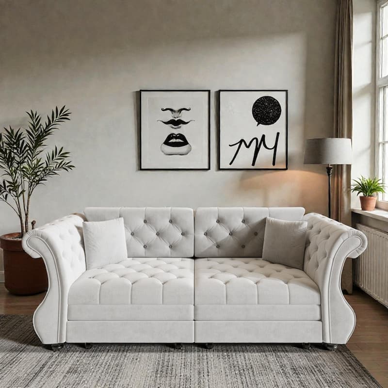 83.8 Inch Chesterfield Pull Out Sofa Bed, Velvet Roll Arm Couch with Flower Tufting, Convertible Sleeper