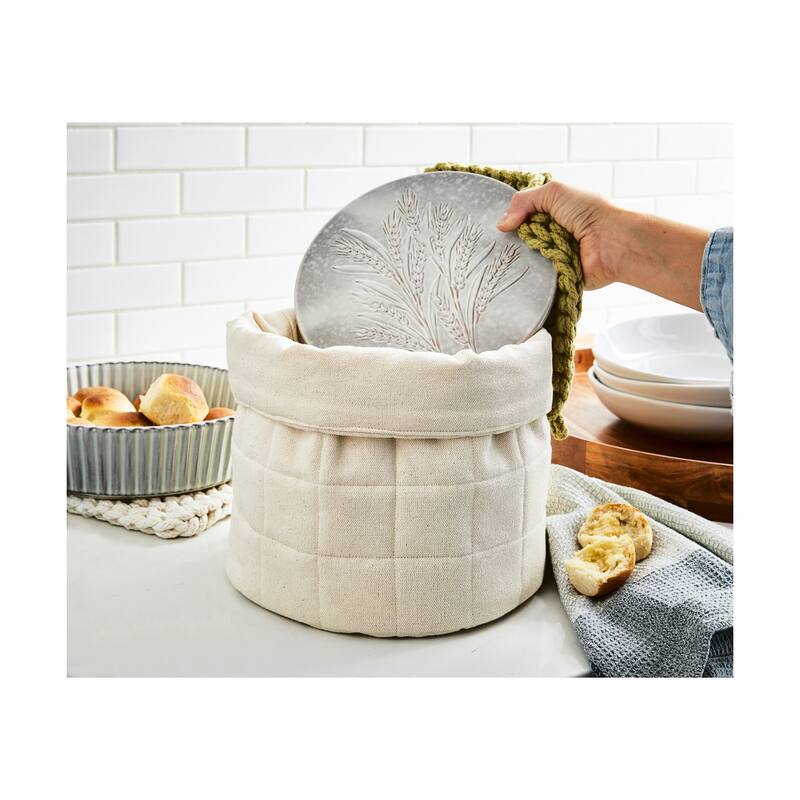 Quilted Cotton Bread Bag Basket - Decorative Everyday Storage, Machine Washable, 8.5" H x 9.75" Dia