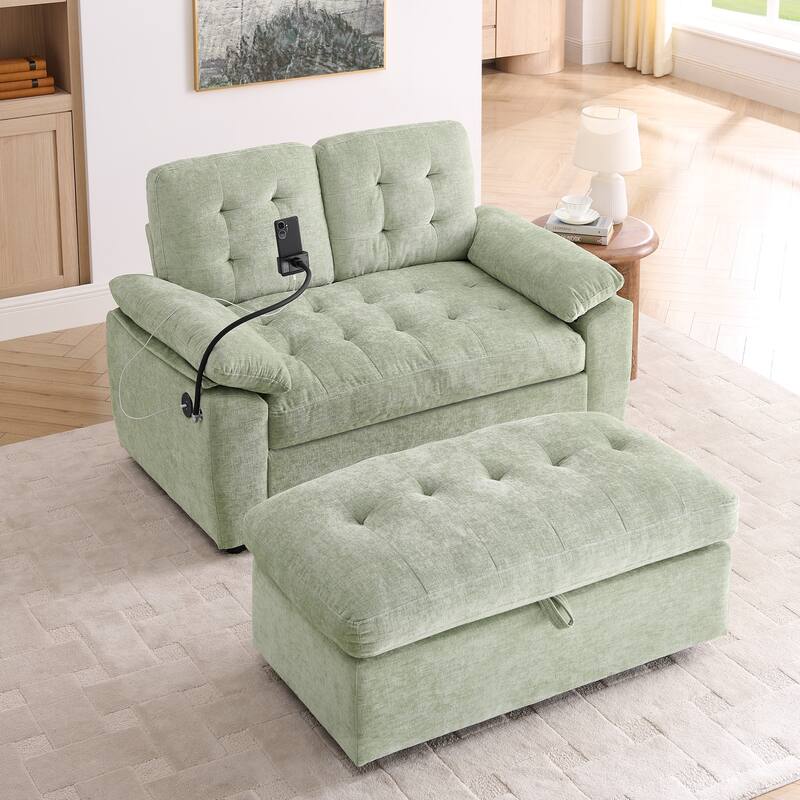 Double Recliner Chair with Adjustable Backrest, Storage Ottoman, USB Port & Phone Stand