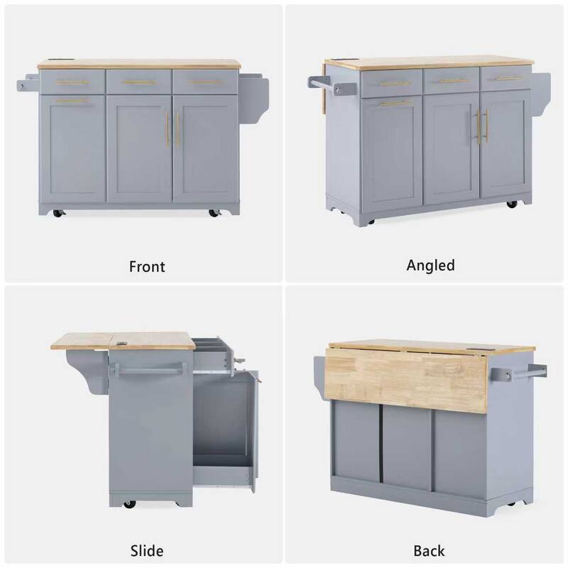 59.3" Rolling Kitchen Island with Drop Leaf, Power Outlet & Trash Can Storage