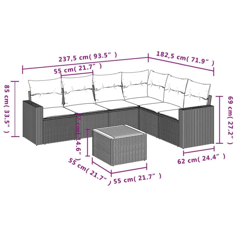 vidaXL Patio Sofa Set with Cushions Outdoor Furniture 7 Piece Poly Rattan - 21.7 x 21.7 x 14.6