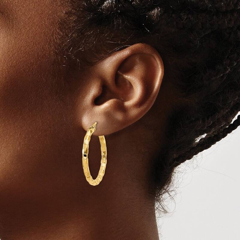 Curata 14k Yellow Gold Textured Mirror 33x2mm Hoop Earrings