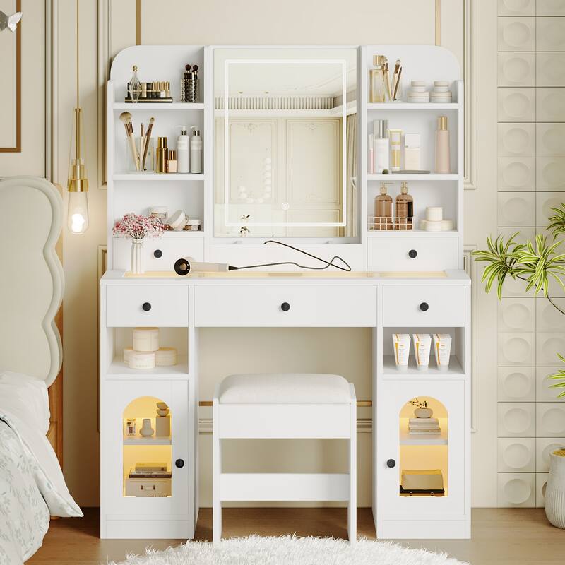 43.2" Vanity Desk with LED Mirror and Lights, Dressing Table with 5 Drawers ,Storage Shelves and Stool for Bedroom, White