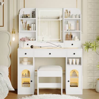 43.2" Vanity Desk with LED Mirror and Lights, Dressing Table with 5 Drawers ,Storage Shelves and Stool