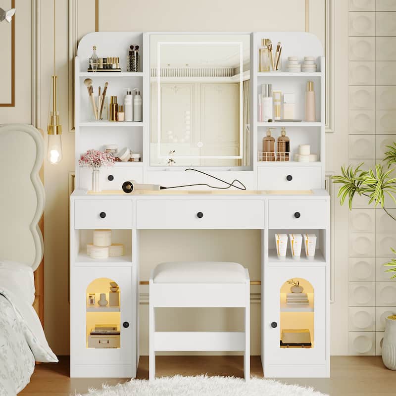 43.2"L Vanity Desk with RGB Glass Light Cabinets - White