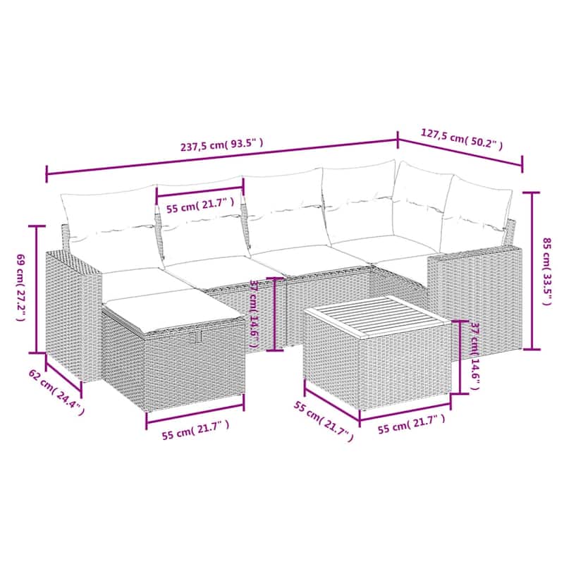vidaXL Patio Sofa Set with Cushions Outdoor Furniture 7 Piece Poly Rattan