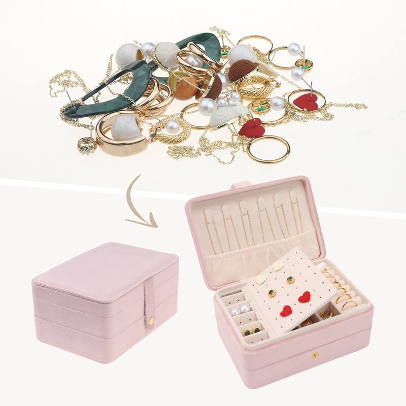 2 Layer Jewelry Box for Women, Plush Velvet Jewelry Organizer Case Storage Display Holder with Drawer, Removable Jewelry Tray - Pink