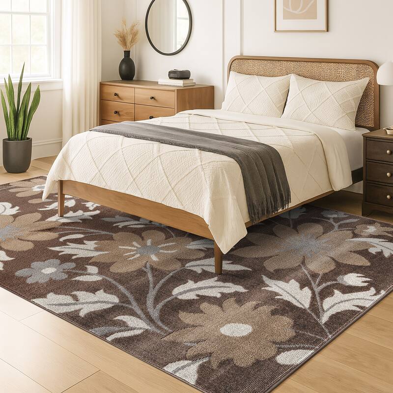 Contemporary Floral Area Rug for Living Room, Bedroom, or Entryway - Low Pile Indoor Rug