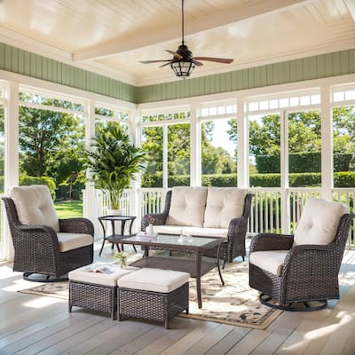 Outdoor Glider Sofa Swivel Chair and Ottomans - Beige cushion - Brown