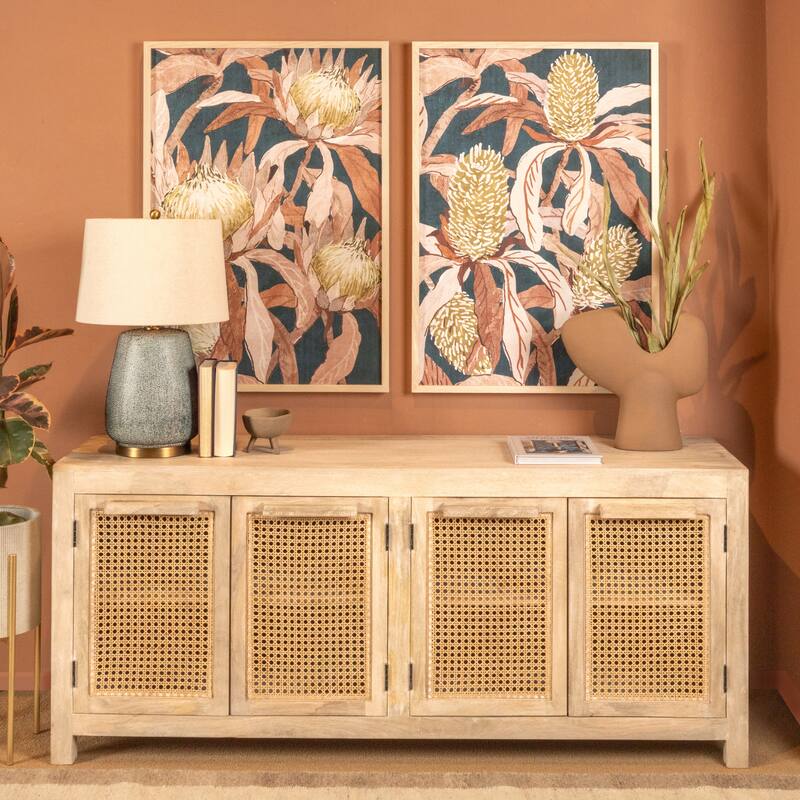 Mango Wood and Cane 4-Door Sideboard Cabinet