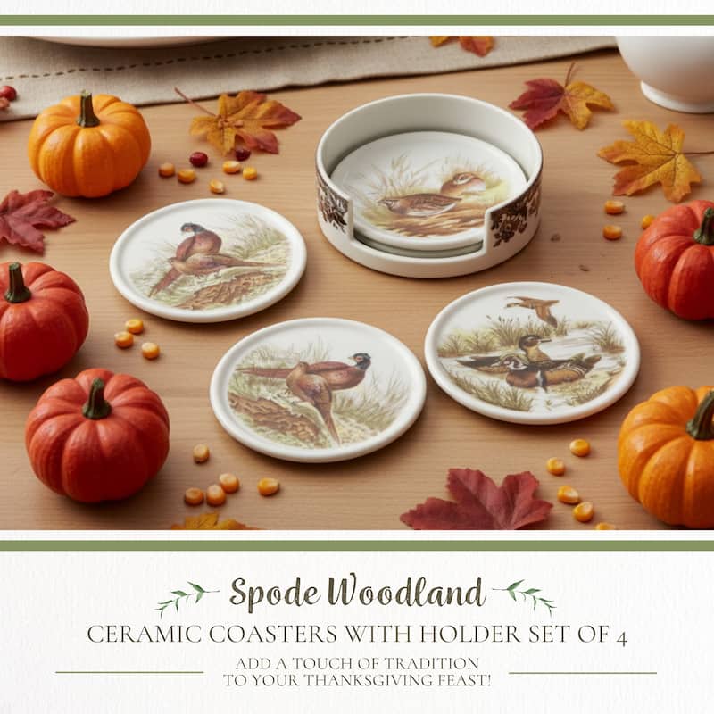 Spode Woodland Set of 4 Ceramic Coasters with Holder - Multicolor - 3.75 Inches