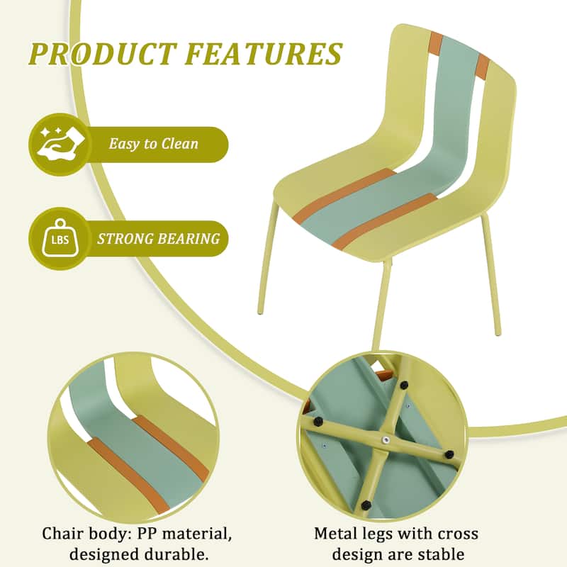 Malwee 4 PCS Indoor/Outdoor PP Plastic Chairs, Modern Striped Color Seat with Sturdy Metal Legs - for Living Room, Café, Terrace