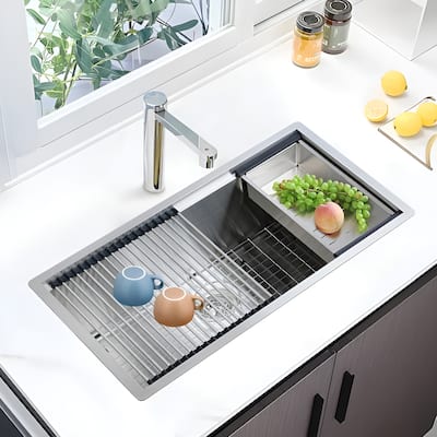 32" Undermount Kitchen Sink, Black/Silver Stainless Steel Workstation with Wooden Board & Accessories