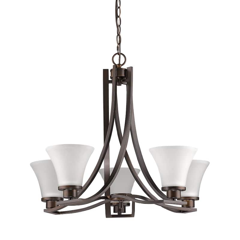 HomeRoots Bronze Candle Style Five Light Frosted Metal Dimmable Chandelier With White Shades - 26' X '21.5' X '26