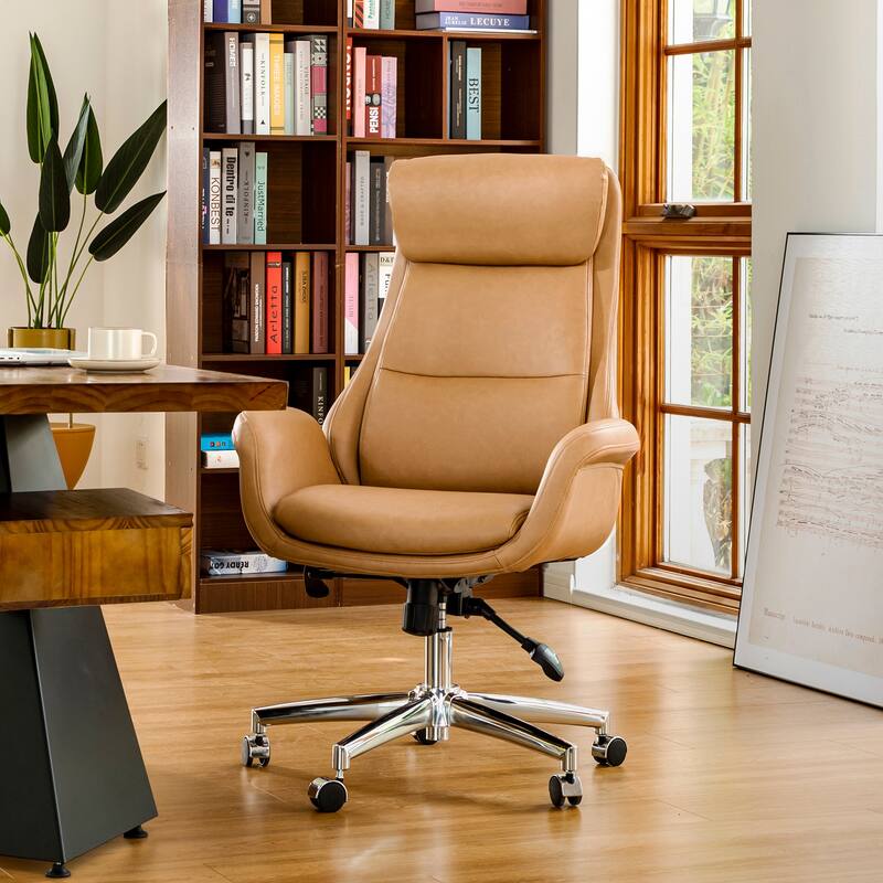 Glitzhome 48-inch Mid-century Adjustable Swivel Faux Leather Office Chair - Camel