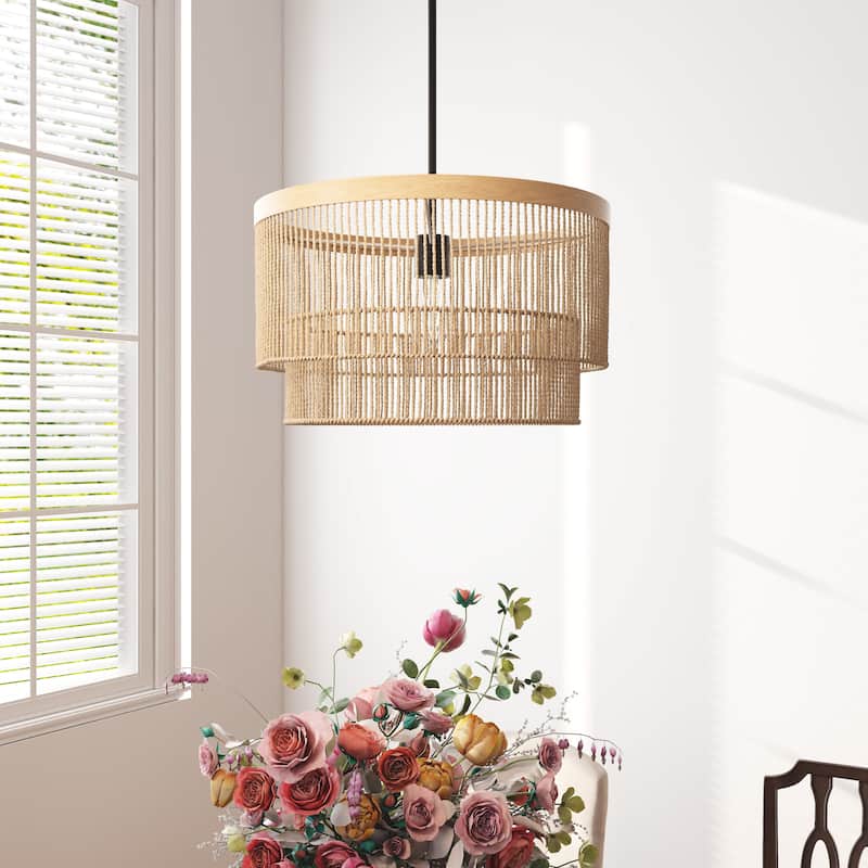 1-Light Rattan Tiered Drum Chandelier Light - Rattan
