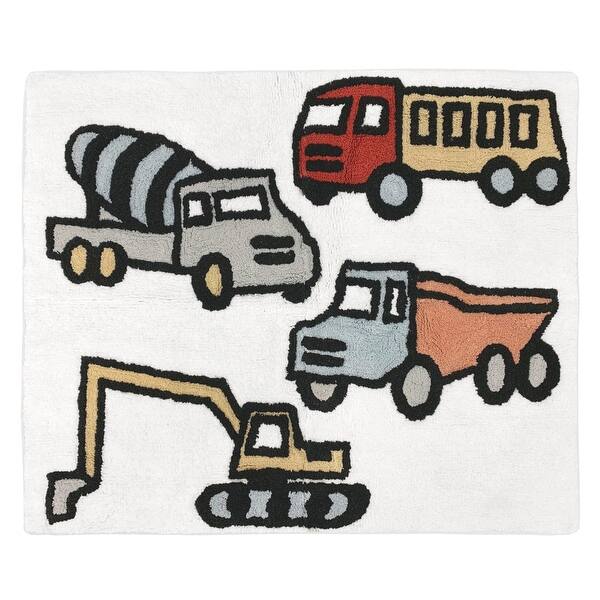 slide 2 of 2, Construction Truck Collection Accent Floor Rug (2.5' x 3') - Grey Yellow Orange Red and Blue Transportation Zone Vehicles