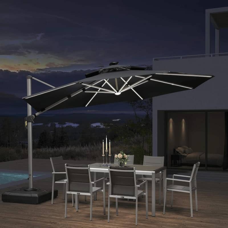 PURPLE LEAF 12 ft Double Top LED Round Patio Cantilever Umbrella - Black