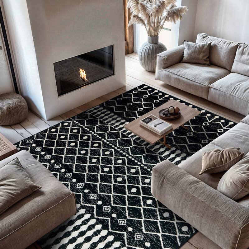 Bohemian Trellis Black Ivory Gray Area Rug, Stylish for Any Room - 7' 10" x 10'