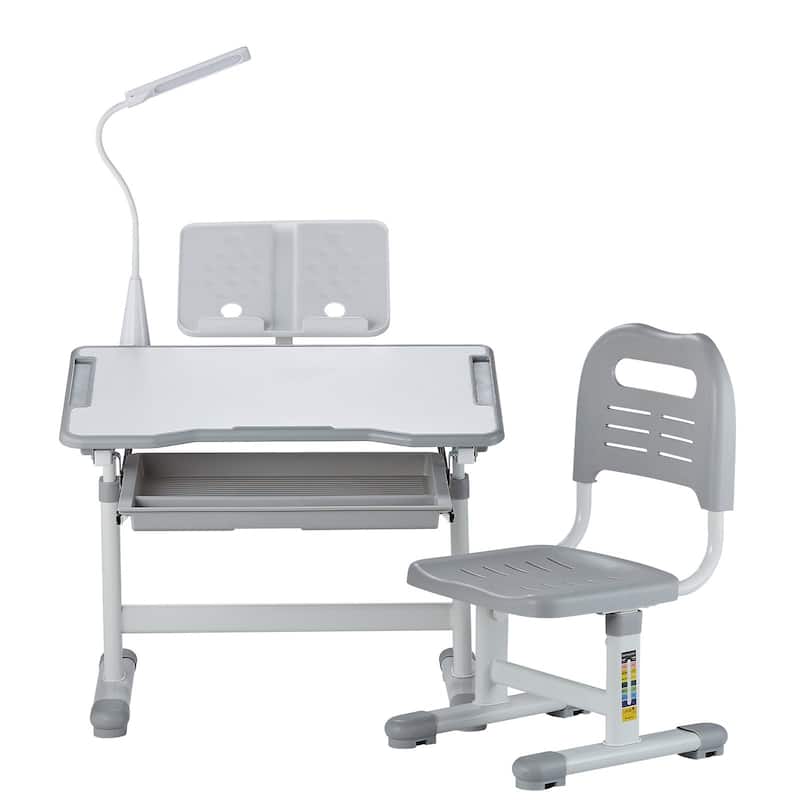 Grey Height Adjustable Kids Chair and Desk Set with Lamp and Tilted Desktop - 27.56 x 20.08 x (20.87 - 27.95) in