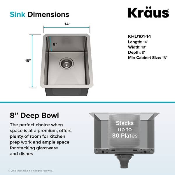 dimension image slide 5 of 7, KRAUS Standart PRO Undermount Single Bowl Stainless Steel Kitchen Sink