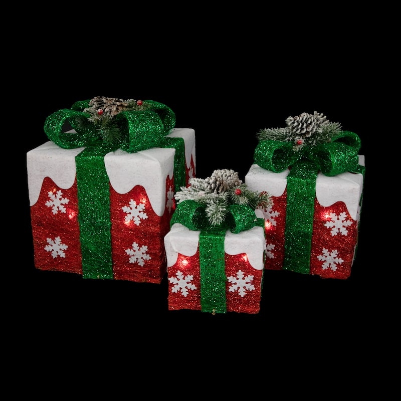 Set of 3 Lighted Red with White Snowflakes Gift Boxes Christmas Decorations - 12"