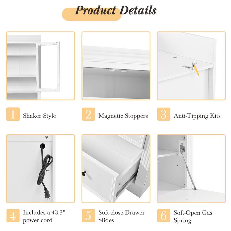 78" Freestanding Kitchen Pantry Cabinet with 3 Drawers, Glass Doors, Adjustable Shelves and Built-In Power Outlet