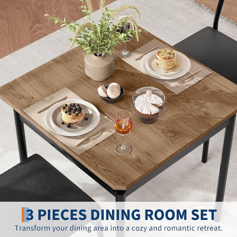 3 Piece Dining Table Set with 2 PU Upholstered Chair for Dining Room, Apartment, Studio