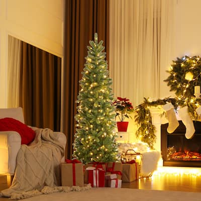 Gymax 5FT Hinged Pre-lit Christmas Slim Pencil Tree w/ 10 Lighting