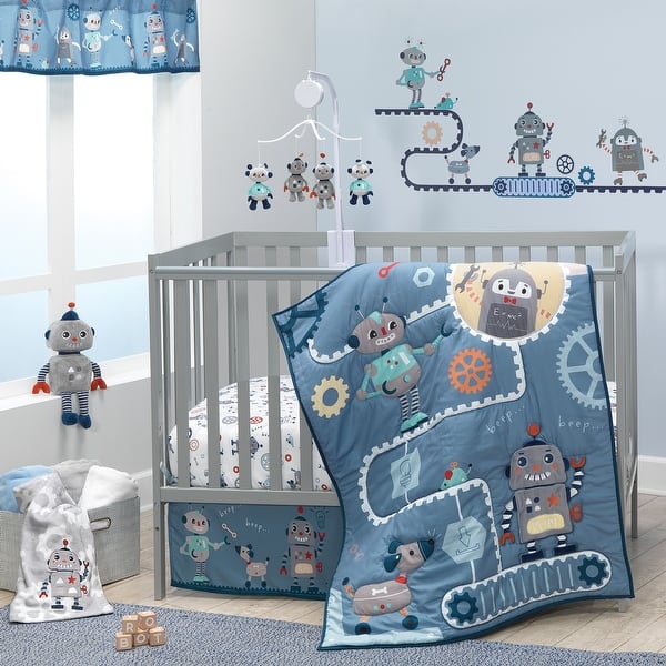 slide 2 of 10, Bedtime Originals Robbie Robot Blue Nursery 5-Piece Baby Crib Bedding Set