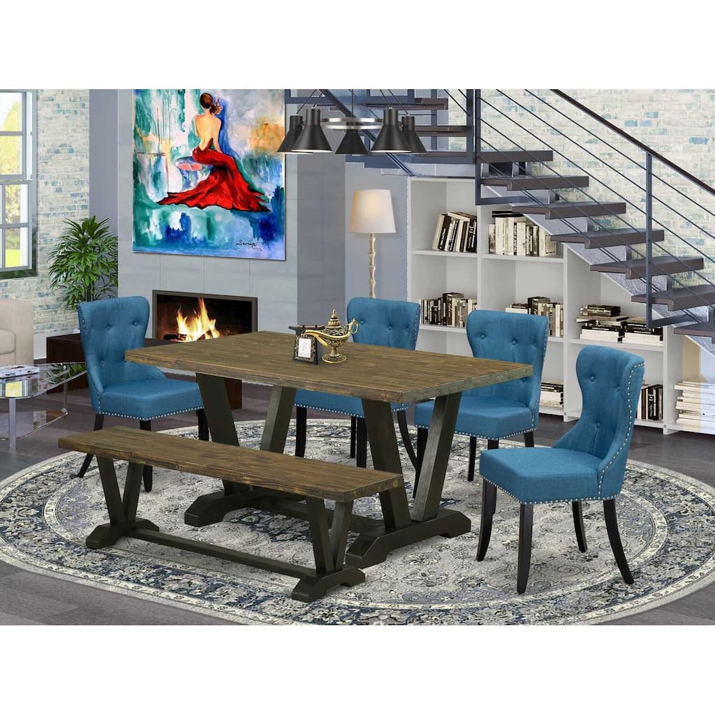 HomeStock 6-Piece Rectangle Distressed Jacobean Finish Solid Wood Top Dining Table with 1-Bench, 4-Chairs