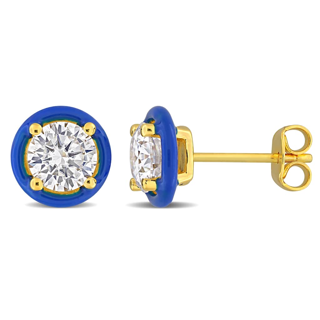 Miadora 1 3/8 Ct TGW Moissanite with Blue Enamel Solitaire Halo Stud Earrings in Yellow Silver