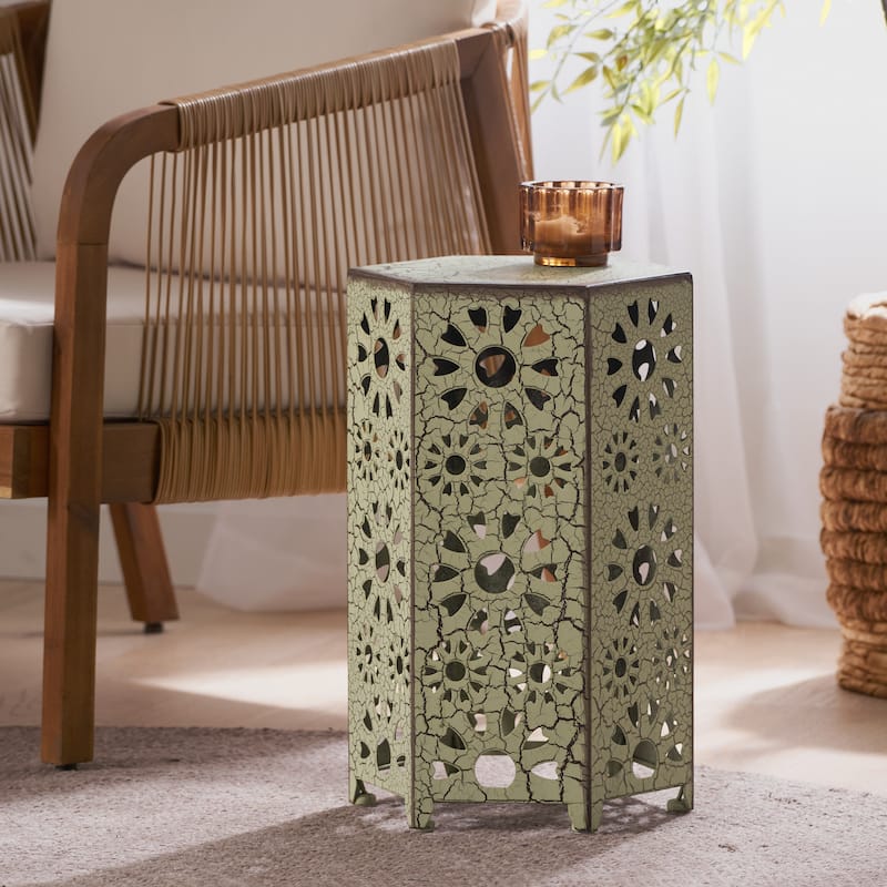 Roomfitters 12"/14" Side Table, Metal Accent Table with Sunburst Cutout Design for Patio or Living Room