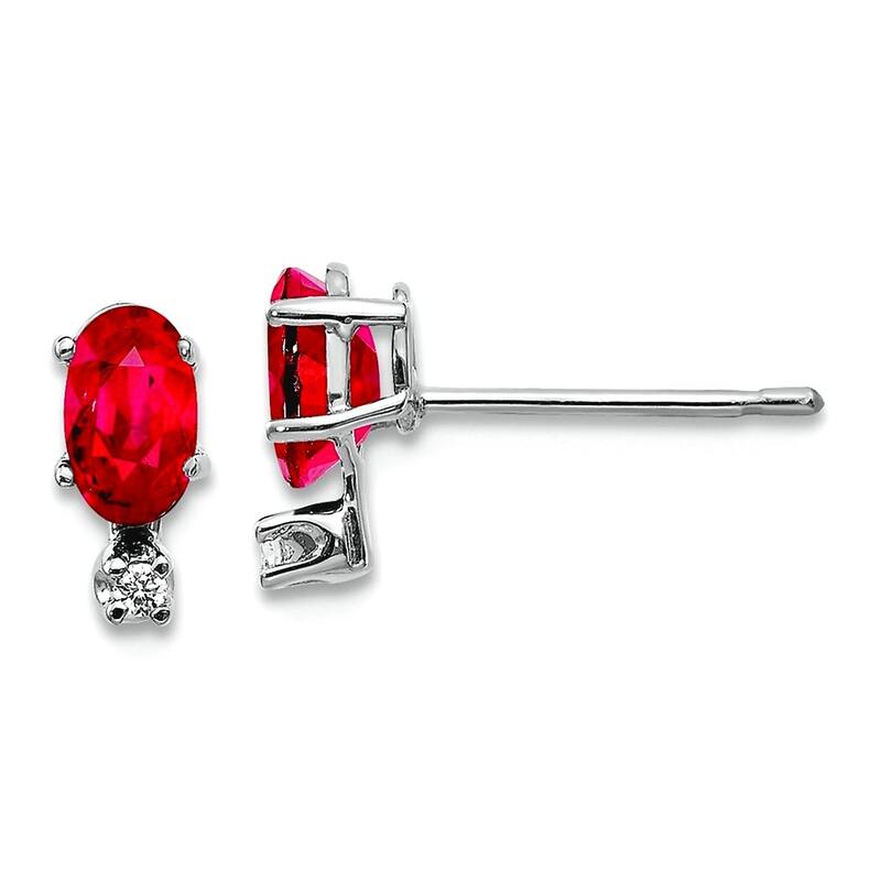 Curata 14k Yellow or White Gold Small Genuine Gemstone and Diamond Stud Earrings - 7x3mm - Ruby - White